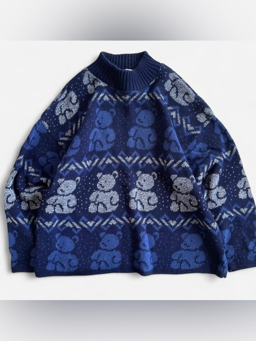 Separate Issue 90s Vintage Mockneck Blue Navy Grey Knit Teddy Bear Sweater L